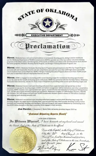 August is National Shooting Sports Month in Oklahoma, as proclaimed by Gov. J. Kevin Stitt.