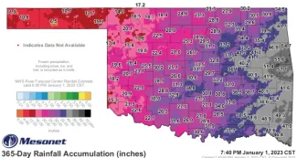 A 365-day map of rainfall logged at Oklahoma Mesonet stations