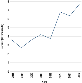 A line graph showing holiday antlerless harvest by the year in Oklahoma.