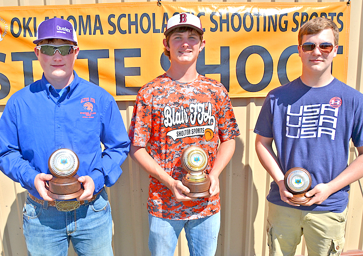 Top senior male shooters are Hunter Pence of Altus, first runner-up; Kaden Hans of Blair, champion senior male shooter; and Ryan Seabolt of Sand Springs, second runner-up.