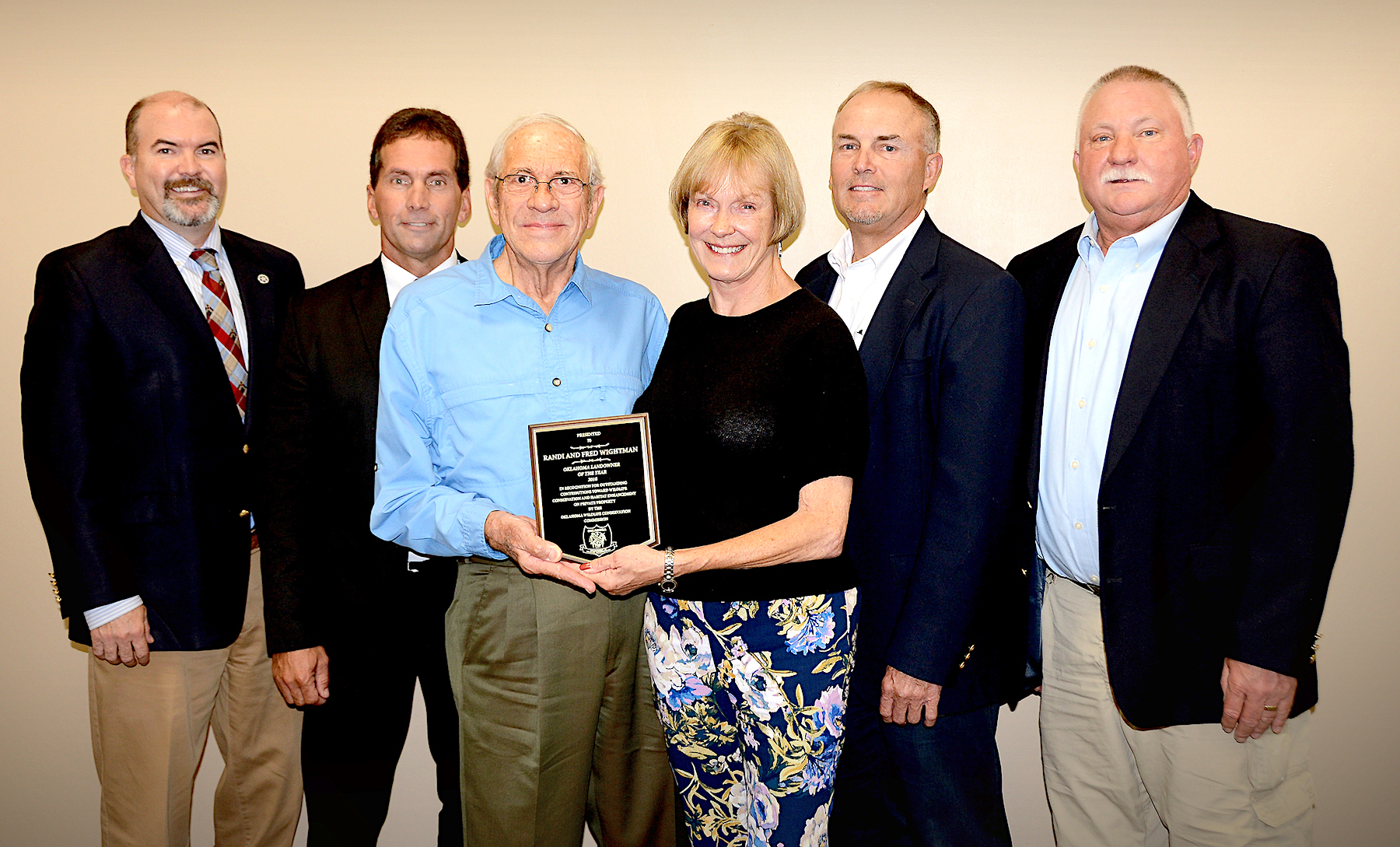 Recognizing the 2018 Landowner Conservationist of the Year winners are, from left, ODWC Director J.D. Strong, Jeff Pennington, Fred and Randi Wightman, ODWC Assistant Director Wade Free, and ODWC Chief of Wildlife Alan Peoples.