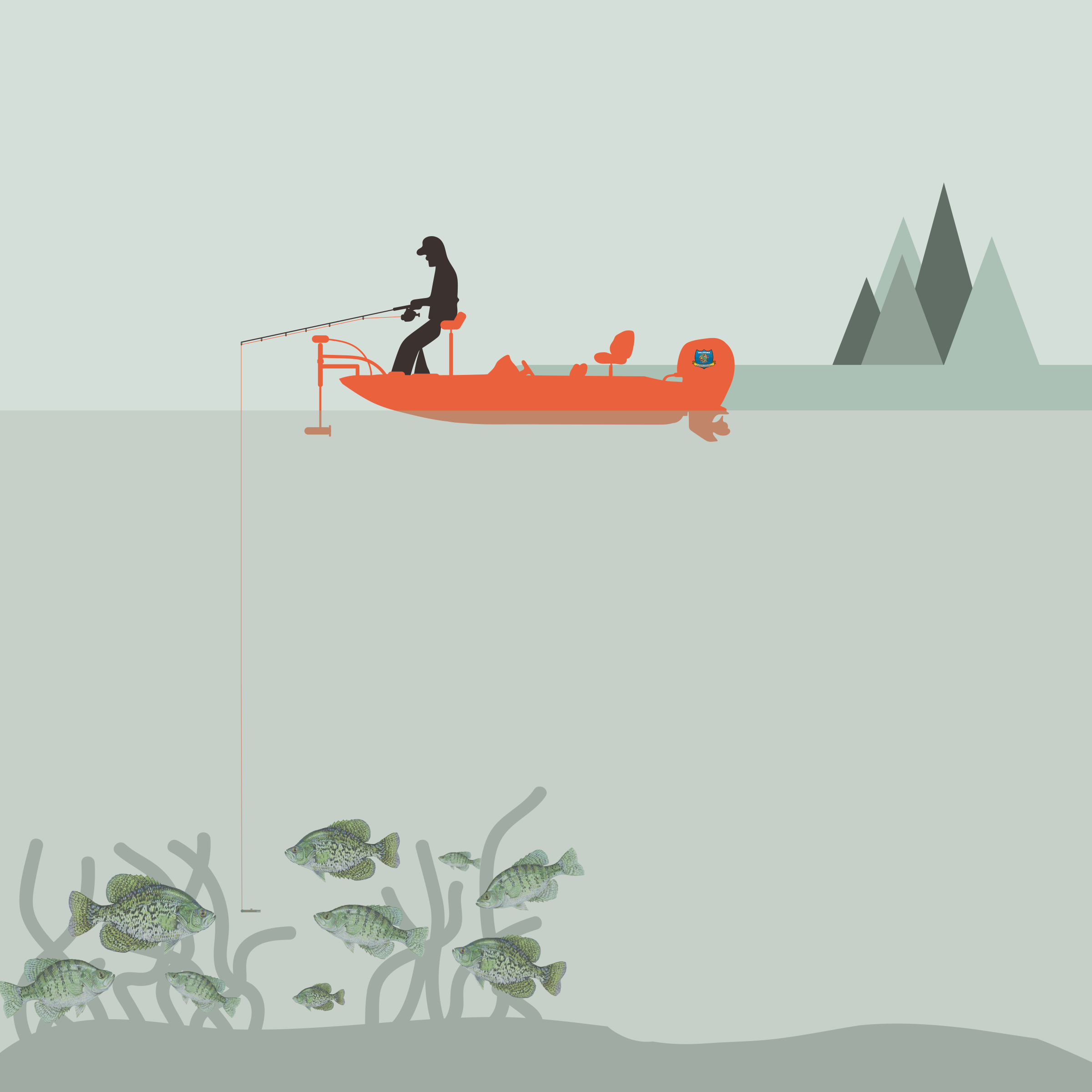 Graphic showing crappie jigging in windy or cloudy conditions.