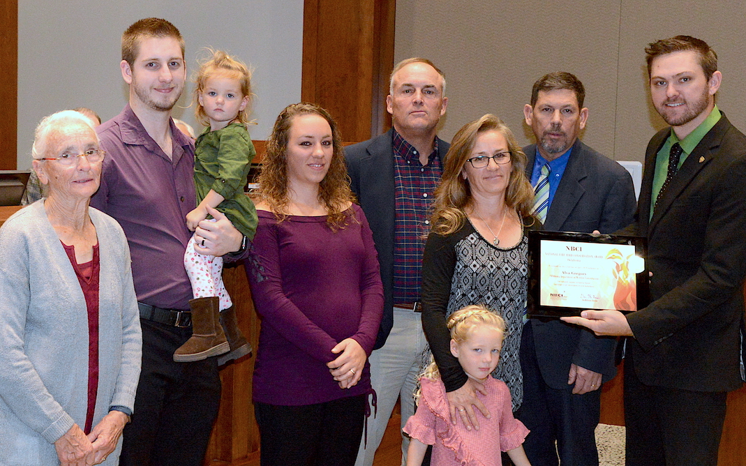 NBCI Firebird Award, Oklahoma 2019, posthumously honoring Alva Gregory, Wildlife Biologist: Inez Gregory, mother; Brandon Gregory, son; Kamdyn Gregory, granddaughter; Brooke Lugard, daughter; Wade Free, Assistant Director-ODWC; Sonja Gregory, widow; Embry Lugard, granddaughter; Russ Horton, Research Supervisor-ODWC; Tell Judkins, Upland Game Biologist-ODWC.