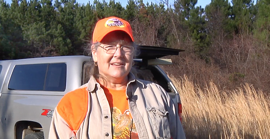 Oklahoma Quail Forever representative Laura McIver appears on the Outdoor Oklahoma TV show while volunteering in the annual Timberland Quail Research Hunt at Three Rivers Wildlife Management Area in southeastern Oklahoma. (Darrin Hill/ODWC)