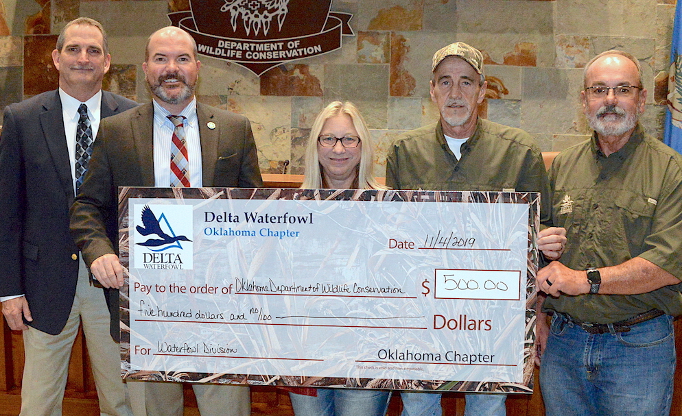 Delta Waterfowl-Oklahoma donation: Bill Dinkines, Assistant Chief-Wildlife; J.D. Strong, Director-ODWC; Denyce Prichard; Max Prichard; Mike Winters.
