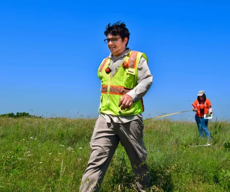 David Berman and Emily Geest stretch a measuring tape to gauge the density of milkweeds and other blooming plants in their study area.