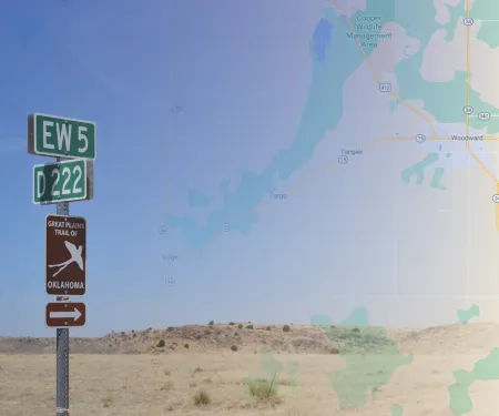 Oklahoma map with Great Plains Trail of Oklahoma sign.