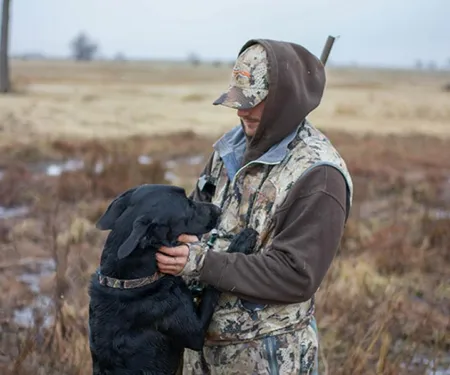 Dog in field with hunter.
