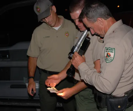 Three Game Wardens look at a license by flashlight.