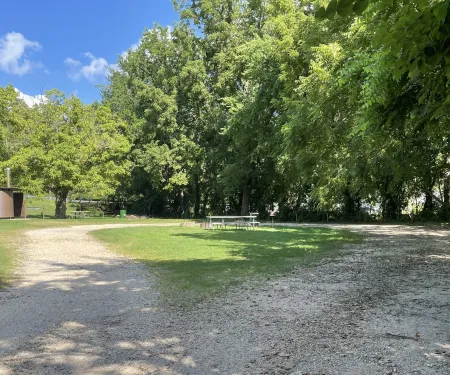 Public access point at Echota Fishing Area featuring a gravel road, shaded picnic tables, and restroom facilities beneath a canopy of mature trees.