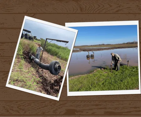 A collage of two photos over a brown wood graphic. The photos show McCurtain County farmer John Sanders has been selected as the 2025 Landowner Conservationist of the Year by the Oklahoma Department of Wildlife Conservation. 