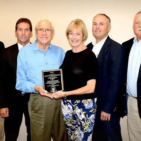 Recognizing the 2018 Landowner Conservationist of the Year winners are, from left, ODWC Director J.D. Strong, Jeff Pennington, Fred and Randi Wightman, ODWC Assistant Director Wade Free, and ODWC Chief of Wildlife Alan Peoples.