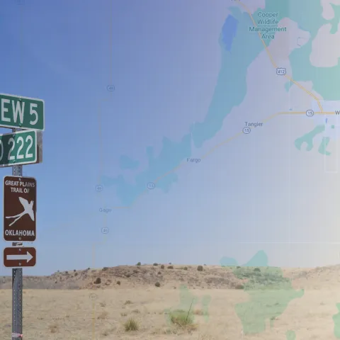 Oklahoma map with Great Plains Trail of Oklahoma sign.