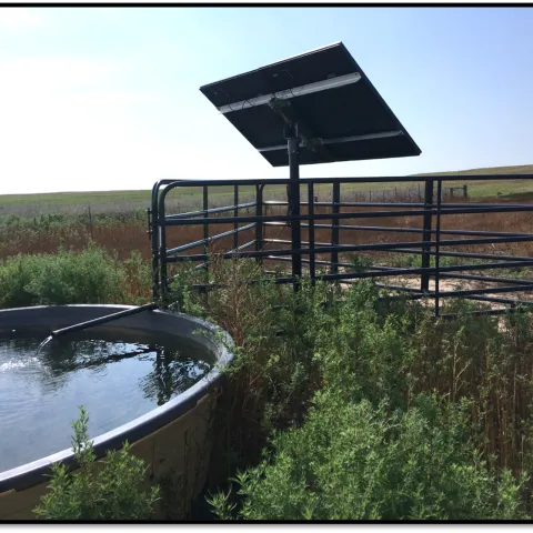 A solar panel is installed as part of a well that fills a nearby stock tank.