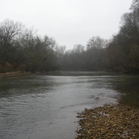 A landscape view of the Little River taken after the leaves have dropped from the trees