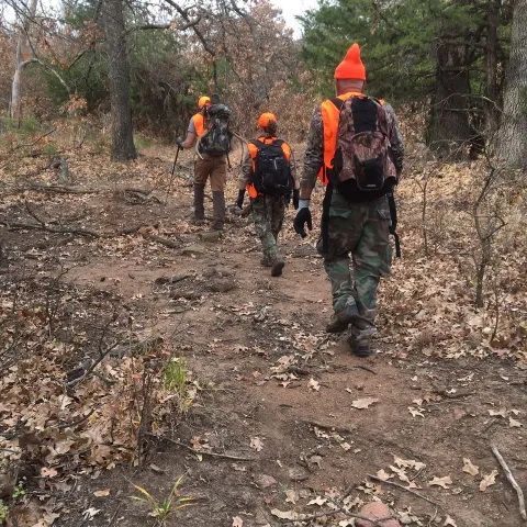three people hunting in the woods 