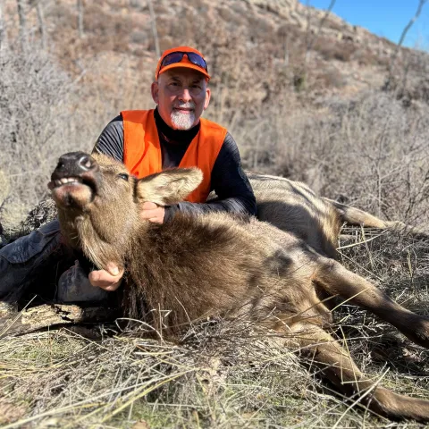 Hunter with harvested elk.