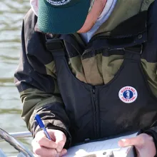 Biologist collects data on sheet.