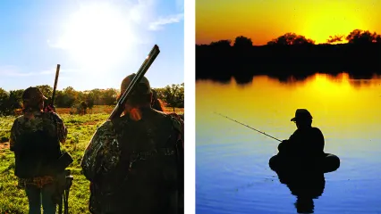 2 photos showing hunting and fishing