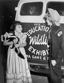 Education wildlife exhibit with a young girl holding a skunk.