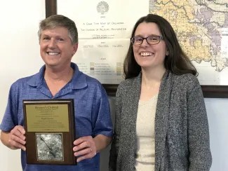 Howery’s clubtail, a subspecies of the Ozark clubtail dragonfly, was recently investigated by Michael A. Patten and Brenda D. Smith (pictured right) and named for Wildlife Department biologist Mark Howery (pictured left).