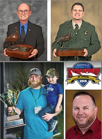 Jack Waymire, top left, senior wildlife biologist, and Spencer Grace, top right, game warden based in Kay County, were recognized with national awards by the National Wild Turkey Federation recently. At bottom left, Clinton "Tres" Phipps, wildlife technician for ODWC, holding his trophy along with his son, Duncan, won the Grand National Gobbler Calling Contest at the convention. T.J. Goodpasture, bottom right, NWTF Oklahoma western regional director, was named Rookie of the Year. [NWTF Photos]