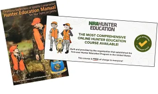 Hunter education manual cover and NRA hunter education online class banner