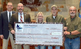 Delta Waterfowl-Oklahoma donation: Bill Dinkines, Assistant Chief-Wildlife; J.D. Strong, Director-ODWC; Denyce Prichard; Max Prichard; Mike Winters.