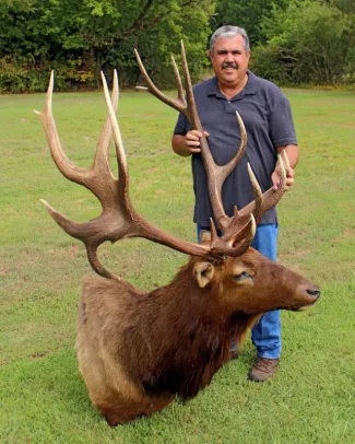 Jerry Jaynes of Muskogee with his nontypical elk mount, recognized as the state record June 14, 2016, with a score of 325 7/8. (Photo Provided)