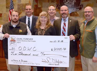 Central 89ers Quail Forever donation to Stars and Stripes Project: John Bellah; Bill Dinkines, Assistant Chief-Wildlife; Laura McIver; James Dietsch; J.D. Strong, Director-ODWC; Troy Ellefson.