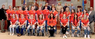Locust Grove Middle School Archery Team, seated from left, Julia Blair, Easton Wall, Riley Brown, Bella Moore, Kylie Bird, Carly Morrison, Sydnie Bird, Sarah Sitsler; standing from left, ODWC Education Supervisor Colin Berg, team coach Brad Cowan, Dax Dry, Conner Hansen, Wyatt Avery, Noah Lewis, Maddox Parks, Cayson King, Jaeger Ingram, Natalie Van Horn, Jeralyn Ingram, Raeghan Rivers, Keylee Lord, Kylee Tugmon, ODWC Archery in the Schools Coordinator Kelly Boyer; back row from left, Oklahoma Wildlife Conse