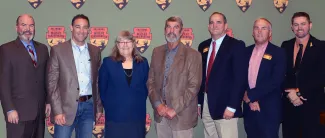 Quail Forever Plainsmen Chapter donates $2,500 to ODWC; from left are ODWC Director J.D. Strong, chapter President Chris Lee, QF Oklahoma Representative Laura McIver, chapter member Eric Grohler, ODWC Wildlife Chief Bill Dinkines, ODWC Assistant Director Wade Free, and ODWC Upland Game Biologist Tell Judkins.