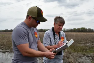 Two biologists look at a small turtle and record its location. 
