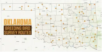 A map showing the 62 Oklahoma Breeding Bird Survey route starting points. 