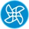 A circular icon with a blue background and a white pinwheel.