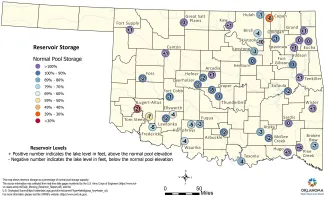 A map of Oklahoma depicting the monthly water reservoir levels as of November 27, 2023.