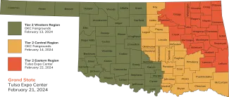 A map of Oklahoma spilt into three regions for OKNASP.