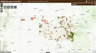 A screenshot of an WMA map provided by the Oklahoma Department of Wildlife Conservation.
