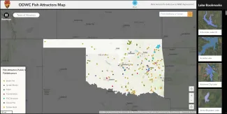 A screenshot of the Oklahoma Department of Wildlife Conservation's interactive Fish Attractors Map.