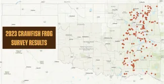 A map depicting positive crawfish frog locations in eastern Oklahoma