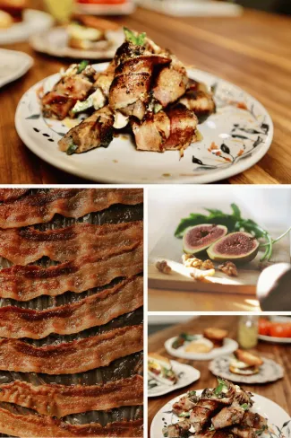 A collage of photos showing bacon wrapped dove, bacon, and figs.