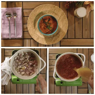  A bowl of butter pheasant with herbs, and two cooking steps showing meat in a pot and broth being added to tomato sauce.