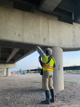 A man in a reflective jacket stands under a bridge with a microphone in hand to record bat echolocation calls. 