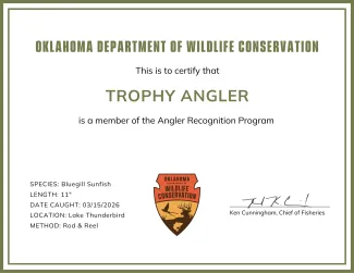 An example of an Angler Recognition Certificate.