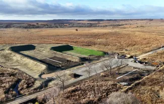 An aerial photo of the Copan WMA shooting range construction progress.