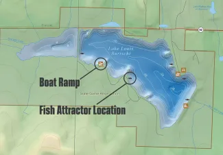 A map of Lake Loius Burtschi with a boat ramp and a fish attractor circled in black.