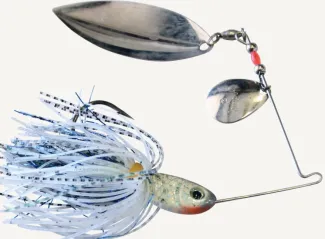 A blue and white spinnerbait. 