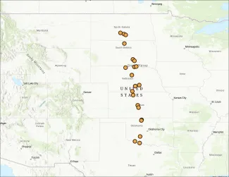 A map of the central United States, with yellow dots showing St. Jude's 21 sample sites located within the Great Plains