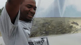 A man smiles at a bag of fish fry that he will introduce to his farm pond.