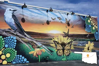 A mural showing a scissor-tailed flycatcher, monarchs, and an American bison along Route 66